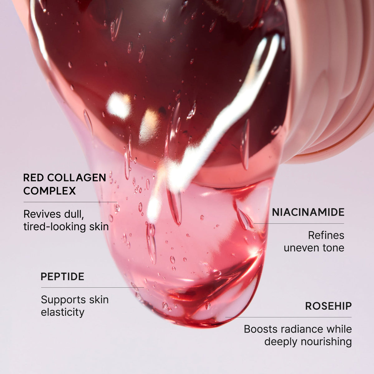 Actifs clés Arencia : complexe collagène rouge, niacinamide, peptide et églantier