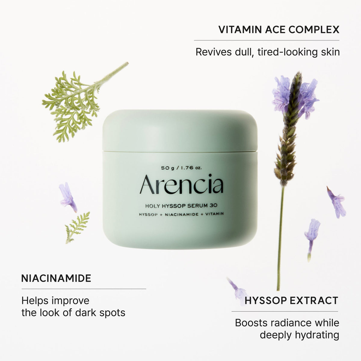 Actifs du Arencia Holy Hyssop Serum 30 : hysope, niacinamide et vitamines